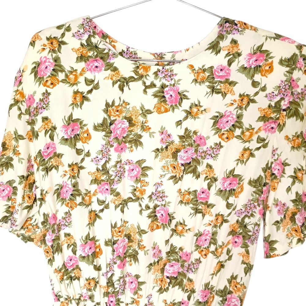 Vintage Ronni Nicole Floral Rayon Midi Dress Short Sleeve Cream Sz 16 NWT 80s - Picture 5 of 15